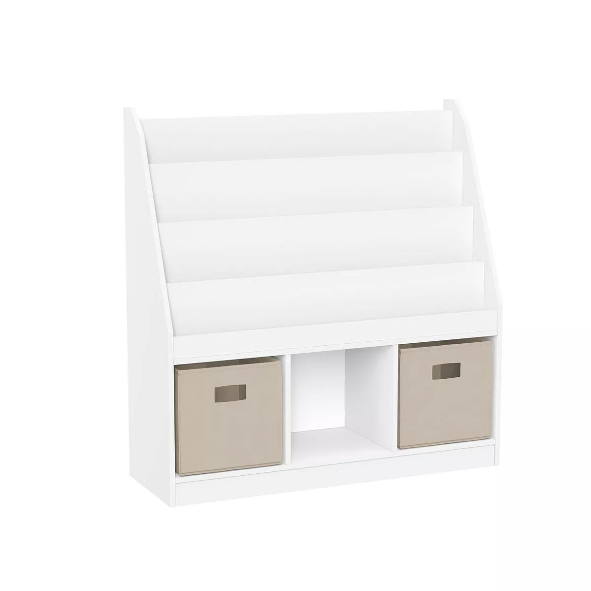 Children's Playroom Bookrack with Three Toy Organizer Cubbies and Four Bookshelves in White with Two Fabric Bins