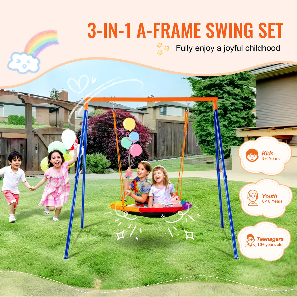 Succebuy Outdoor Swing Set for Backyard - 600 lbs Capacity with 1 Saucer Swing and 2 Belt Swings for Kids