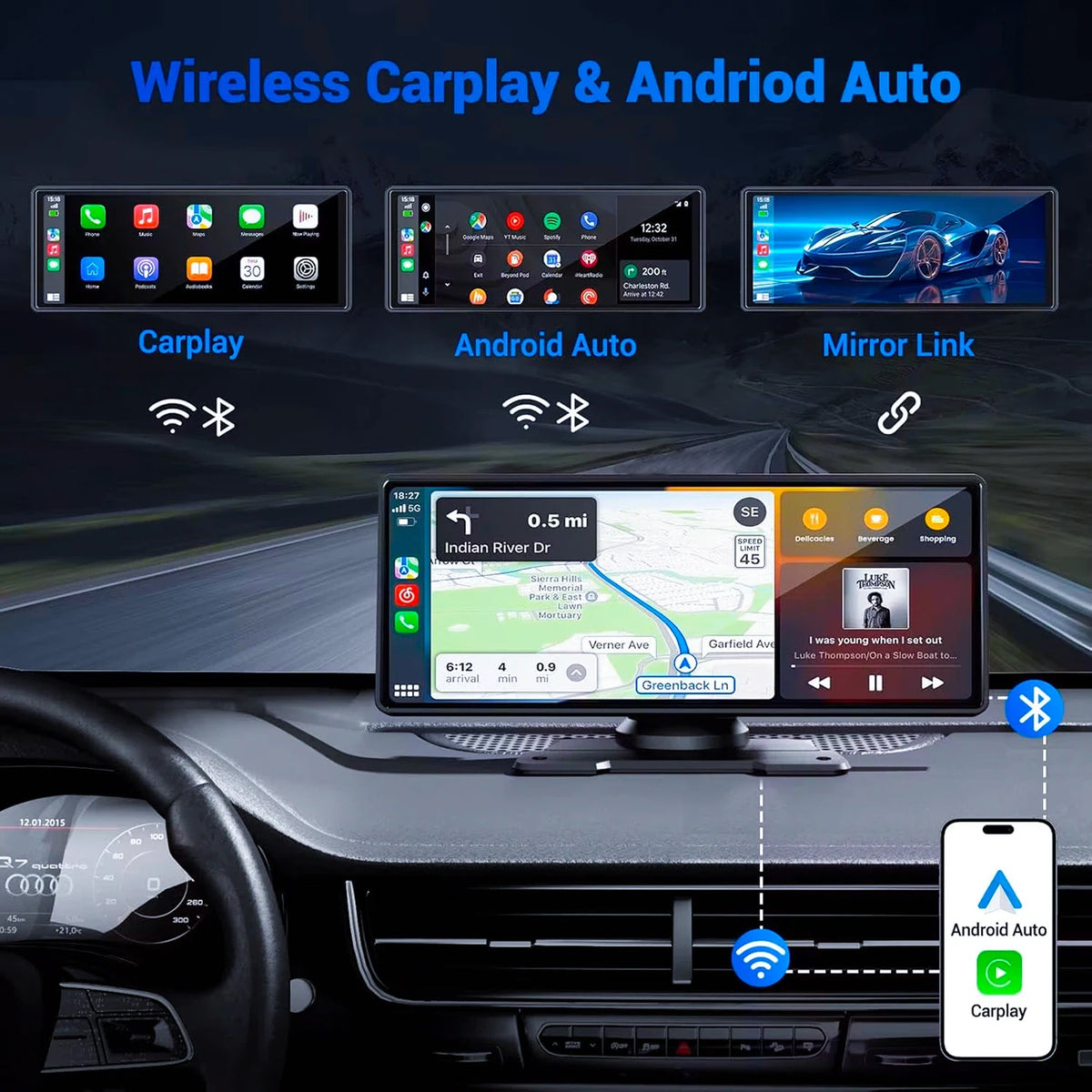 Pionray 10.26-Inch Portable 4K Dual Lens Car DVR with Wireless CarPlay, Android Auto, GPS Navigation, and WiFi FM Functionality