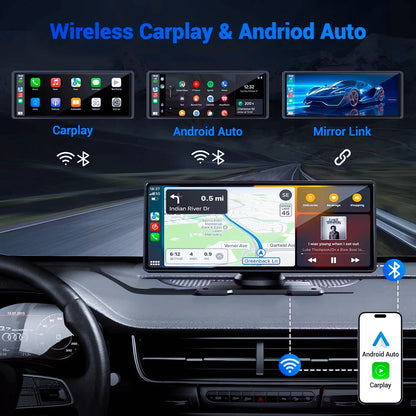 Pionray 10.26-Inch Portable 4K Dual Lens Car DVR with Wireless CarPlay, Android Auto, GPS Navigation, and WiFi FM Functionality