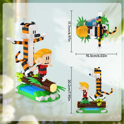 Little Boy and Tiger Adventure Building Set - Classic Cartoon Wooden Bridge Figure Toys, Creative Gift for Boys Ages 8-14, 496 Pieces