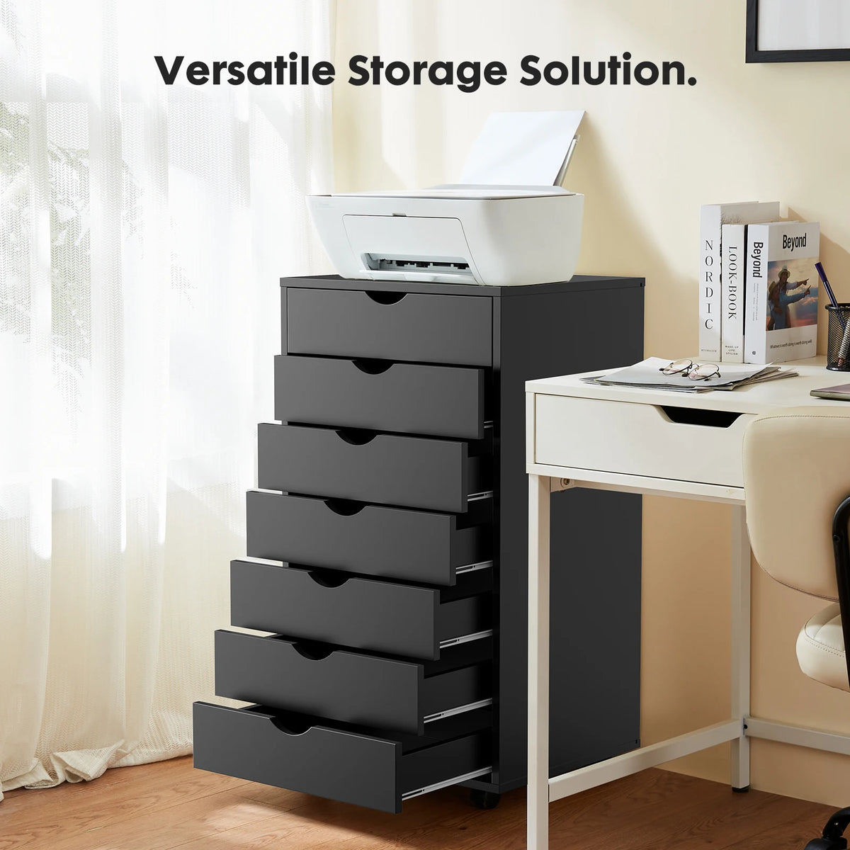 JHK 7-Drawer Wooden Mobile Storage Cabinet with Wheels for Office and Living Room Organization