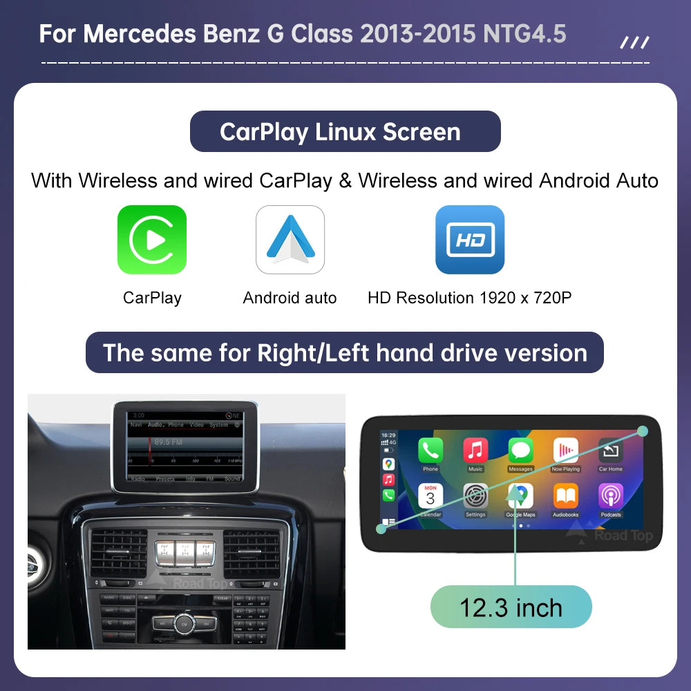 Linux Touchscreen GPS System for Mercedes Benz G-Class W463 (2013-2018) with Wireless CarPlay, Android Auto, and AirPlay Mirroring