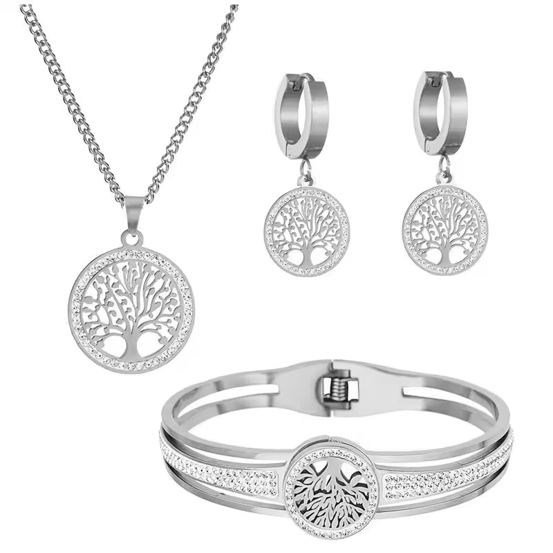 4Pcs/Set Stainless Steel Hollow Tree of Life Peace Pendant Necklace Bracelet Earrings Ladies Wedding Jewelry Set