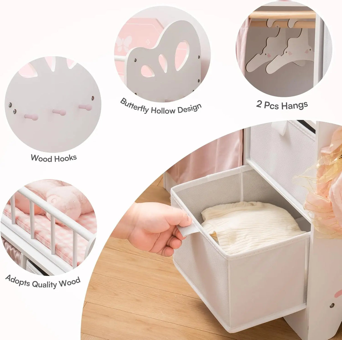 Robotime Wooden Baby Doll Crib with Storage and Bedding, Fits Dolls up to 21", Suitable for Girls 3+, Pink