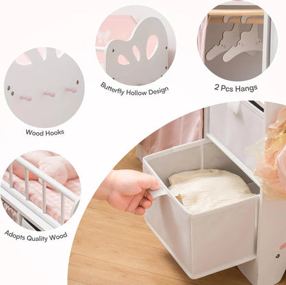 Robotime Wooden Baby Doll Crib with Storage and Bedding, Fits Dolls up to 21", Suitable for Girls 3+, Pink