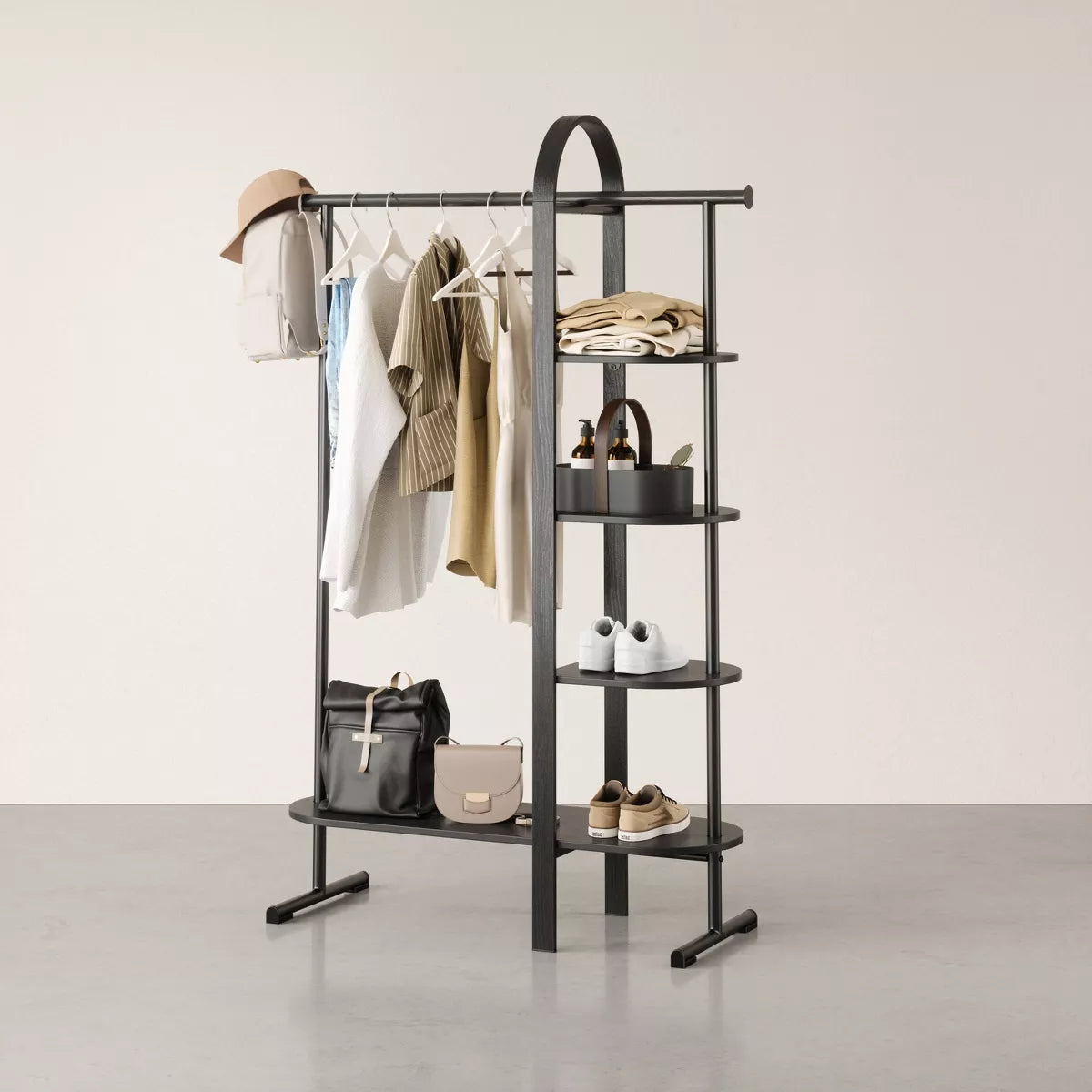  Garment Rack Black: Eucalyptus Frame, Fixed Rod & Shelf, 65.74" Height, 121 Lbs Capacity, Assembly Tools Included
