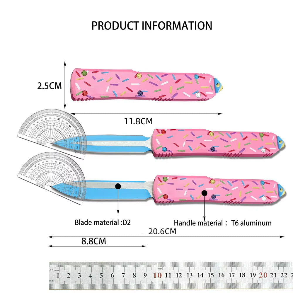 Outdoor Tactical Folding Knife with 3.46-Inch D2 Blade and T6 Aluminum Pink Donut Handle - Deep Pocket Clip EDC Tool for Camping, Hiking, and Hunting