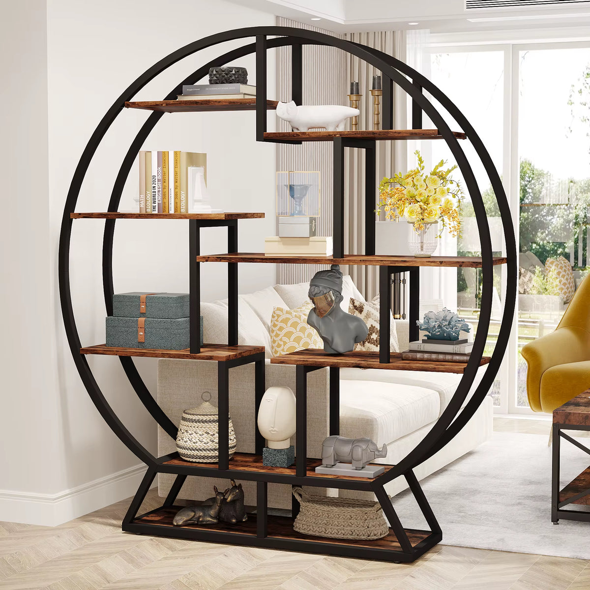 Tribesigns 63-Inch Industrial Wood Bookcase with Staggered Shelves and Round Design