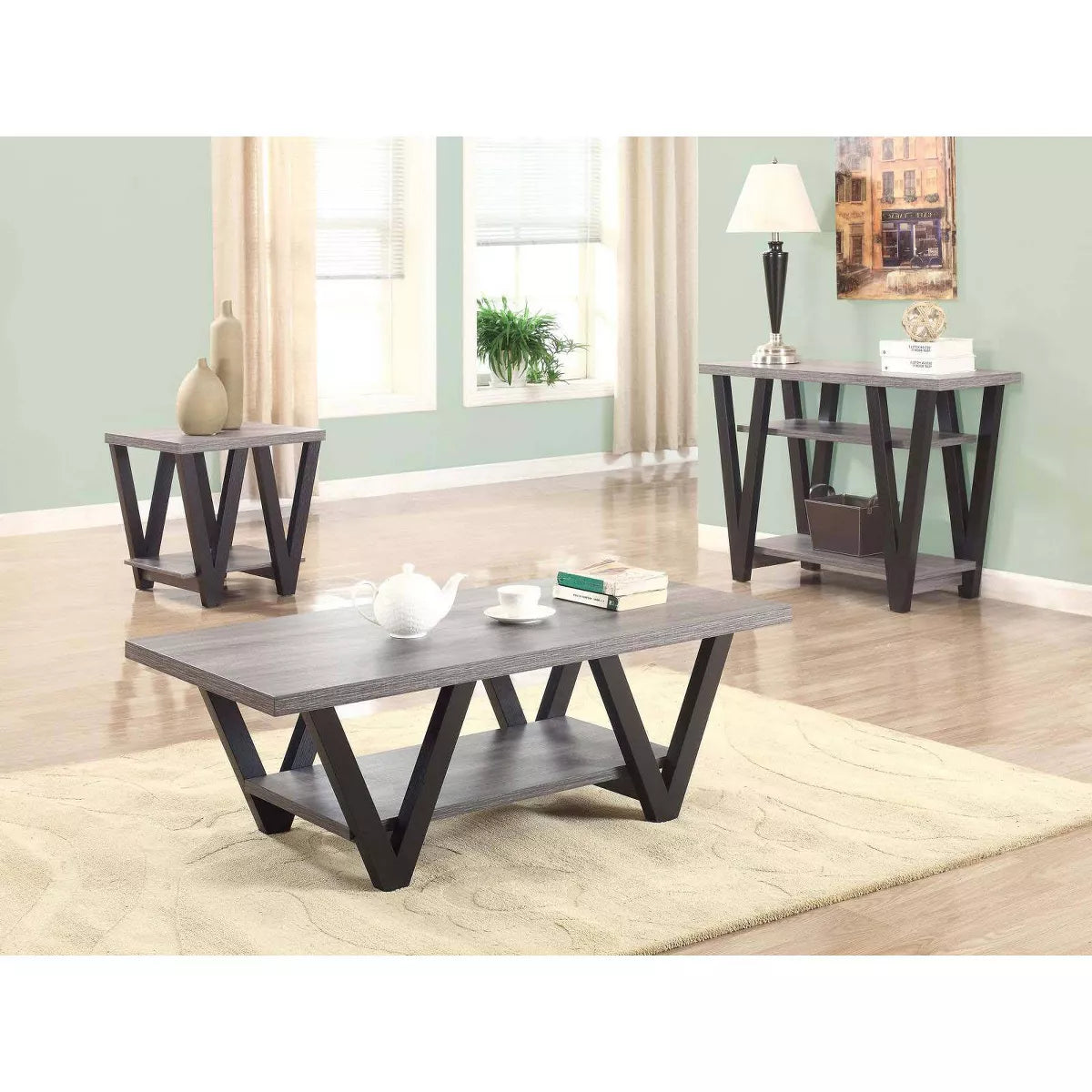 Contemporary V-Shaped Wood Sofa Table in Black and Antique Gray
