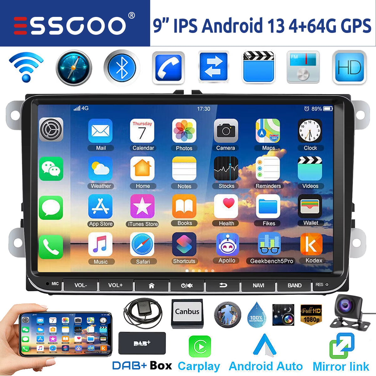 9-Inch Android 14 Car Stereo with 4G+64G, Wireless CarPlay, GPS Navigation, WiFi, RDS FM, Bluetooth, and Equalizer for VW Golf 5/6, Passat, Polo, Touran, Tiguan, Caddy, and EOS