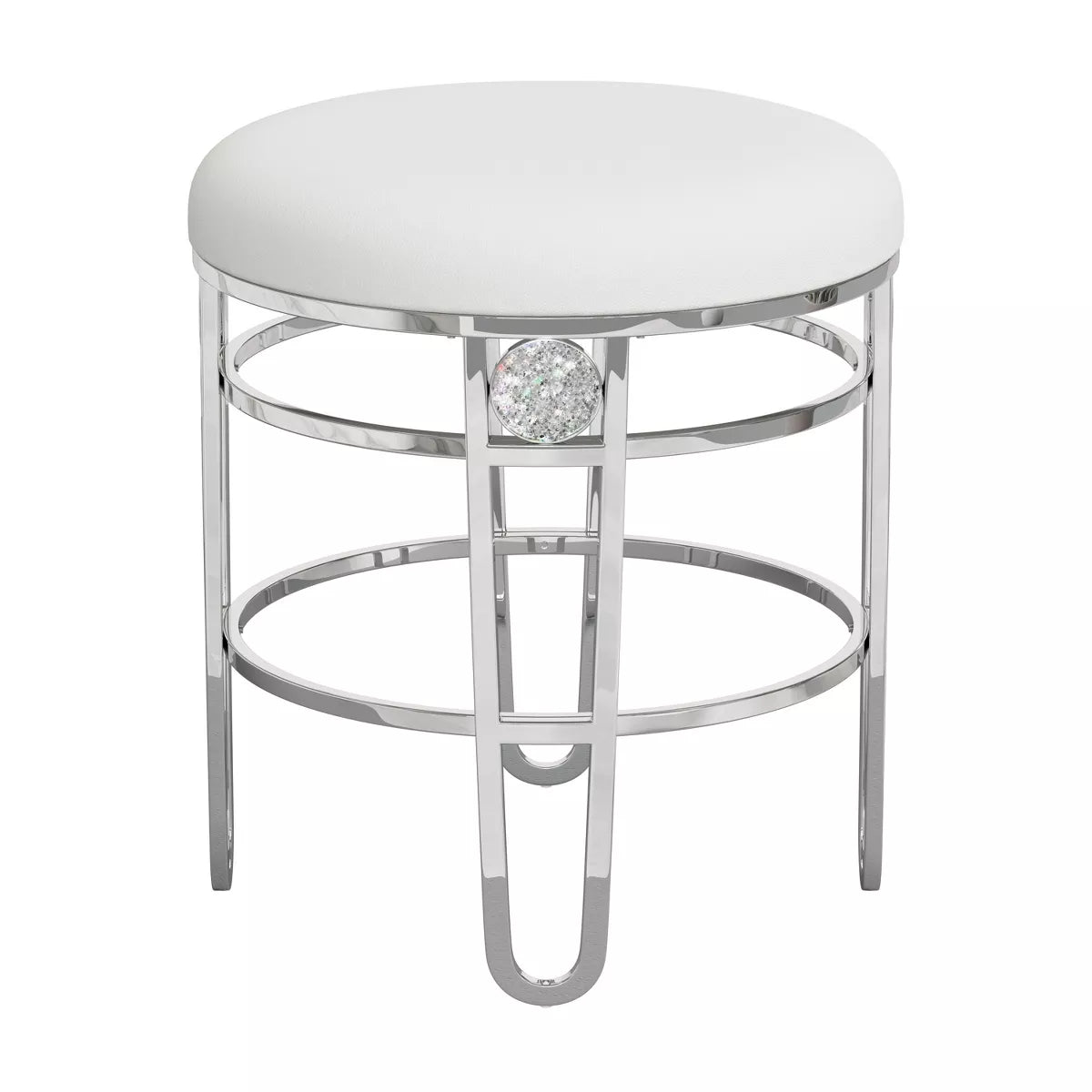 Dessa Glam Metal Vanity Stool Chrome - round Makeup Seat, Faux Leather
