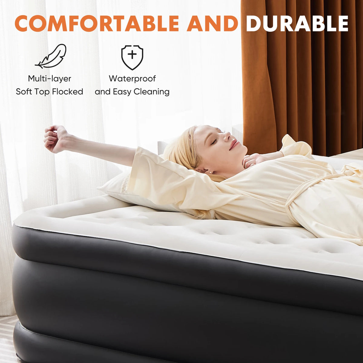 JHK Queen Twin Size Double Height Air Mattress with Non-Slip Bottom - 660 lbs Weight Capacity for Home or Camping Use