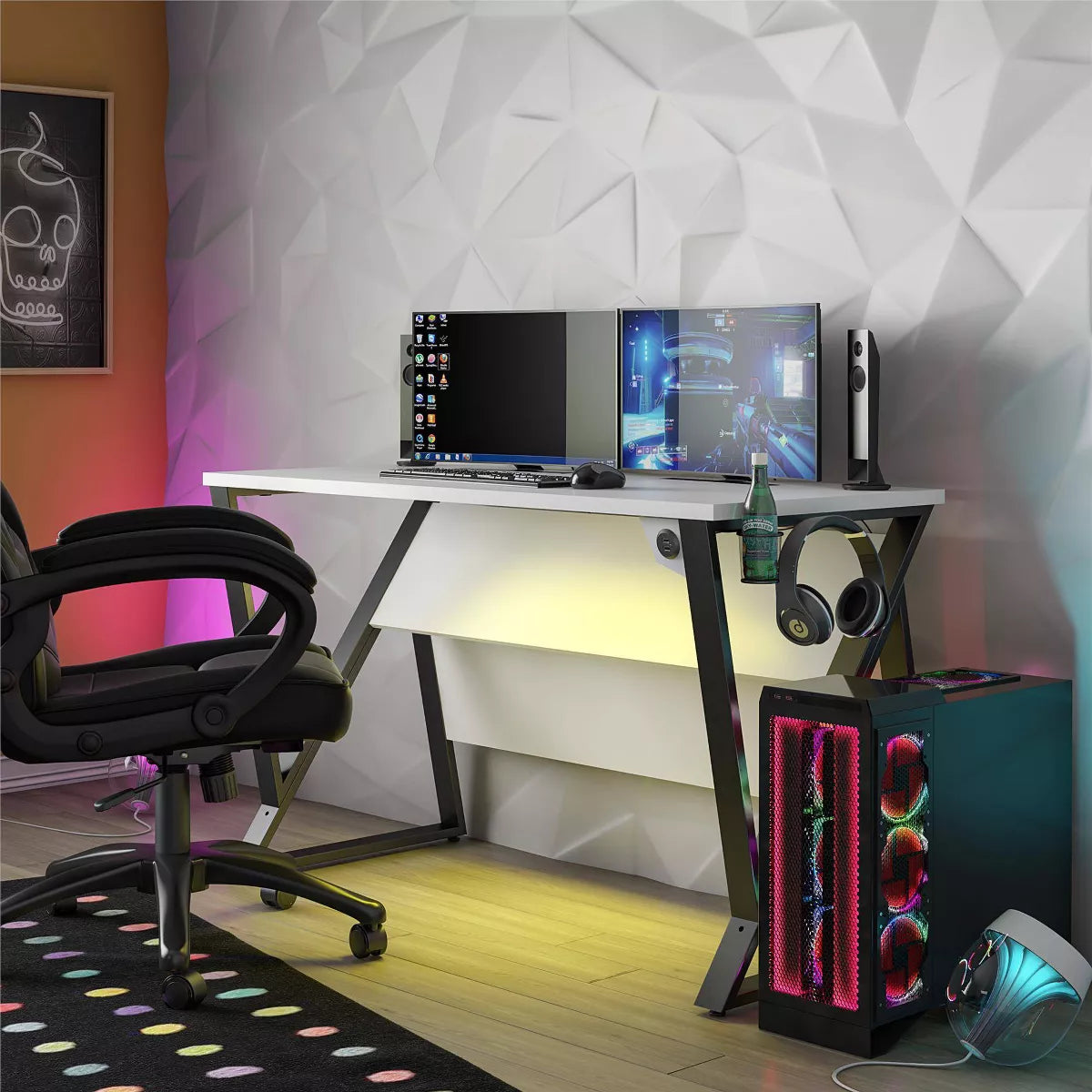 Genesis Adjustable Gaming Desk White - Modern MDF PC Desk with USB Port, Headphone Hook, Cup Holder