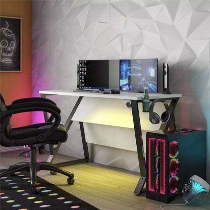 Genesis Adjustable Gaming Desk White - Modern MDF PC Desk with USB Port, Headphone Hook, Cup Holder