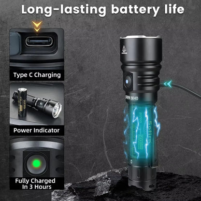 SK40 SFT70 LED 3200Lm Tactical Flashlight 21700 Rechargeable Powerful Torch 580M Long-Range with Spotlight