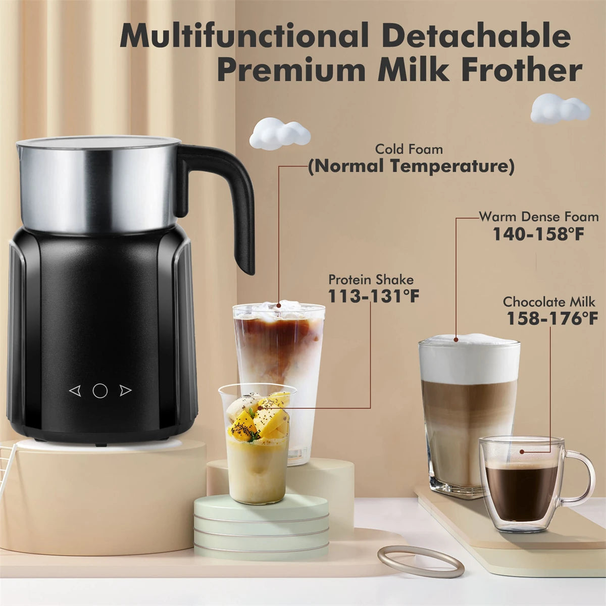  Electric Milk Frother and Steamer, 9 Functions for Milk Foam Hot and Cold, Hot Chocolate Maker, Milk Warmer for Coffee Latte Cappuccino Macchiato, Food Grade Stainless Steel Detachable Milk Heater