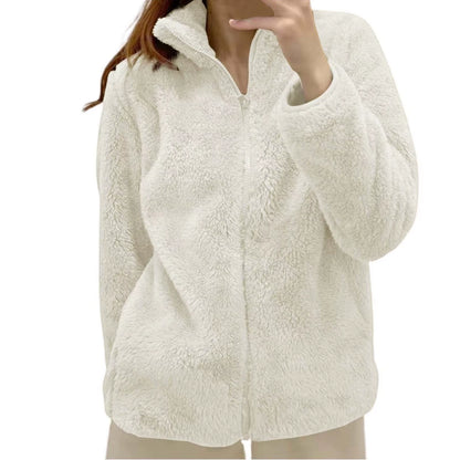 Women Casual Zip up Fleece Jacket Solid Color Long Plush Polar Warm Zipper Outwears Female Gils Lamb Wool Jackets with Pockets