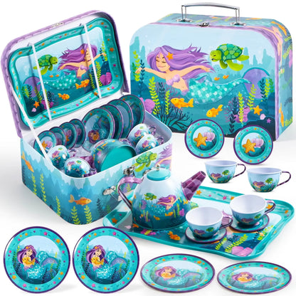 Mermaid-Themed Tea Party Set for Girls - Pretend Play Tin Teapot Kitchen Toy for Toddlers Ages 2 to 6