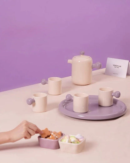 Cute Whimsical Dopamine Bauhaus Tea Pot & Tea Cups Set of 8 Pcs - Handmade Ceramic Teaset Gift Box