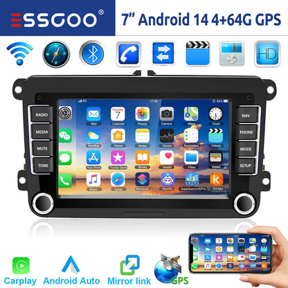 ESSGOO 7-Inch Android Car Stereo with 4G RAM, 64G Storage, Apple CarPlay, ChatGPT, GPS, WiFi, RDS, and Bluetooth Compatibility for VW Golf 5/6, Passat, Polo, Touran, Tiguan, Caddy, and EOS