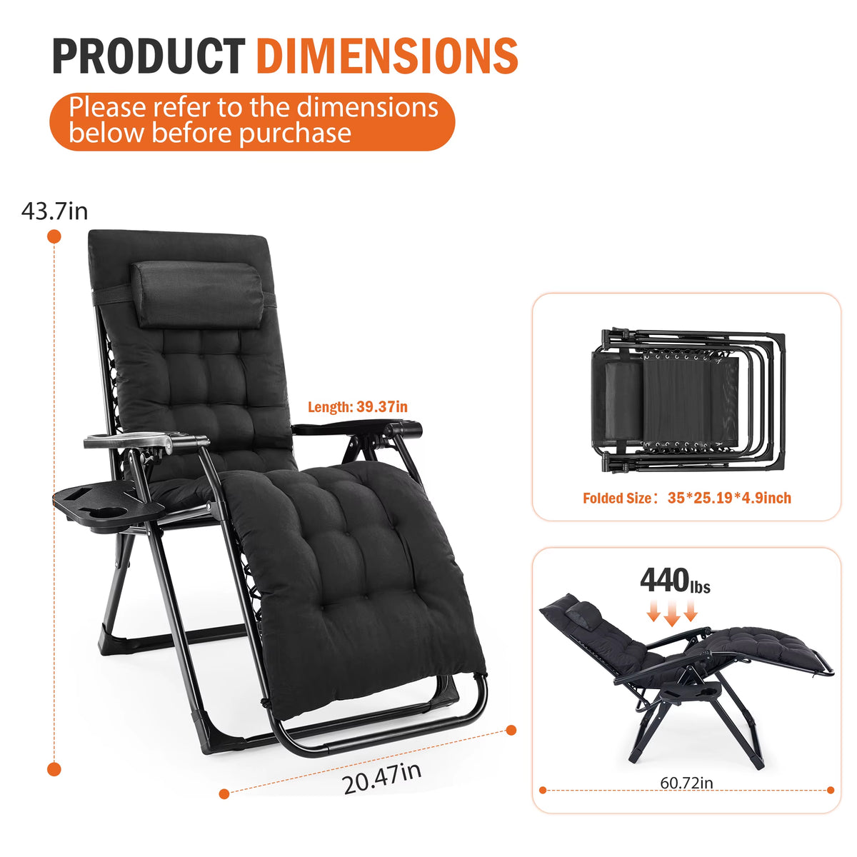 JHK Zero Gravity Reclining Lounge Chair with Soft Cushion and Cup Holder Trays for Outdoor and Indoor Use