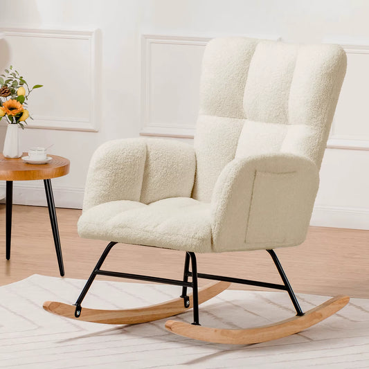 COMHOMA Teddy Glider Rocking Chair with Side Pockets, High Back Design for Adults - Ideal for Bedroom and Living Room