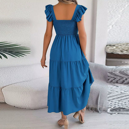 2024 Summer Solid Tank Long Dress for Women Square Collar Sleeveless A-Line Maxi Dress Backless Slim Waist Pleated Beach Dresses
