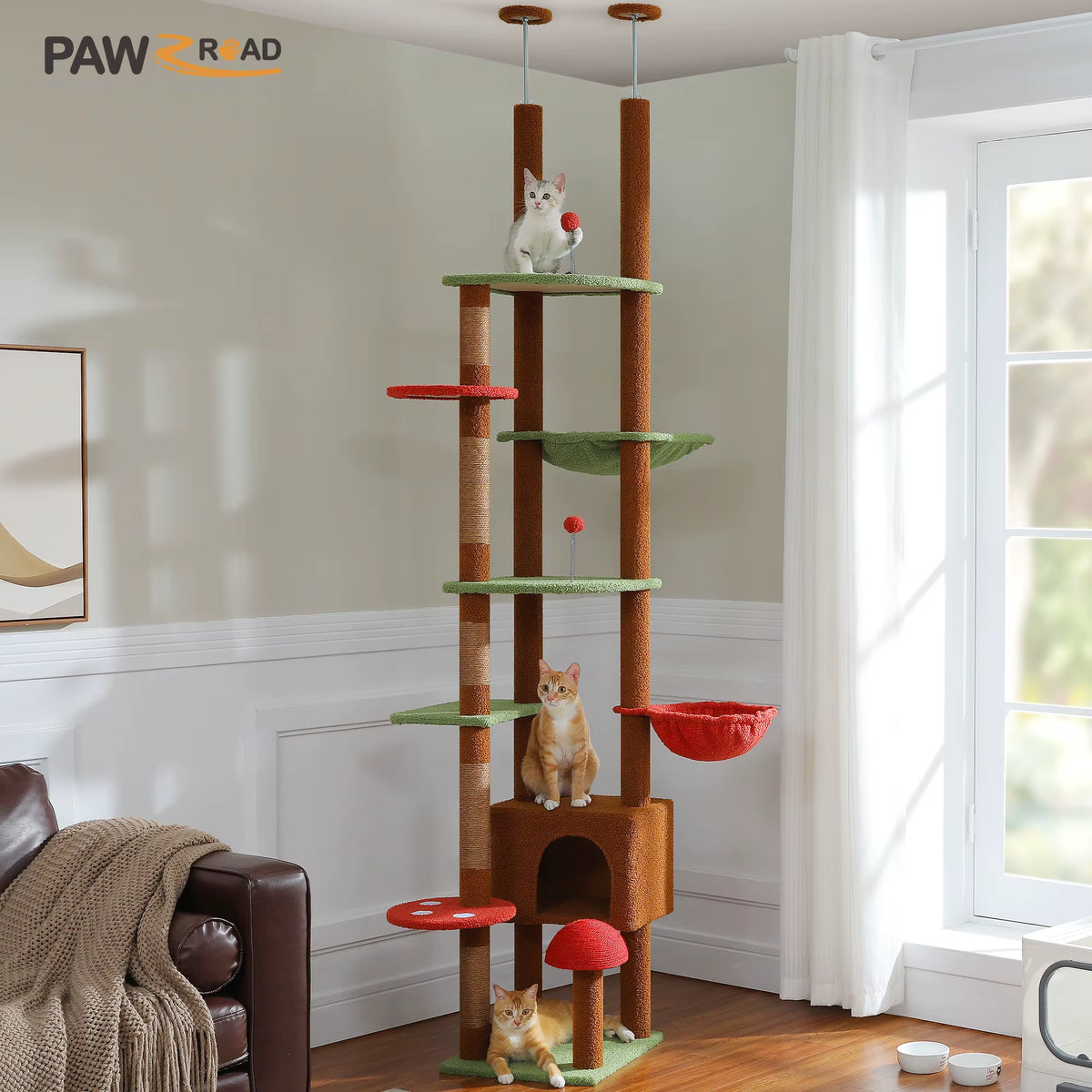 Height Adjustable Wooden Cat Tower with Spacious Hammock and Sisal Scratching Posts - Floor to Ceiling Indoor Cat Condo