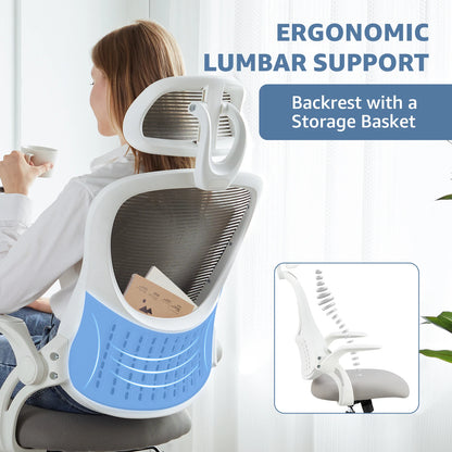 JHK Ergonomic Mesh Office Chair with Adjustable Headrest and Flip-Up Arms for Enhanced Lumbar Support in Home Office Settings