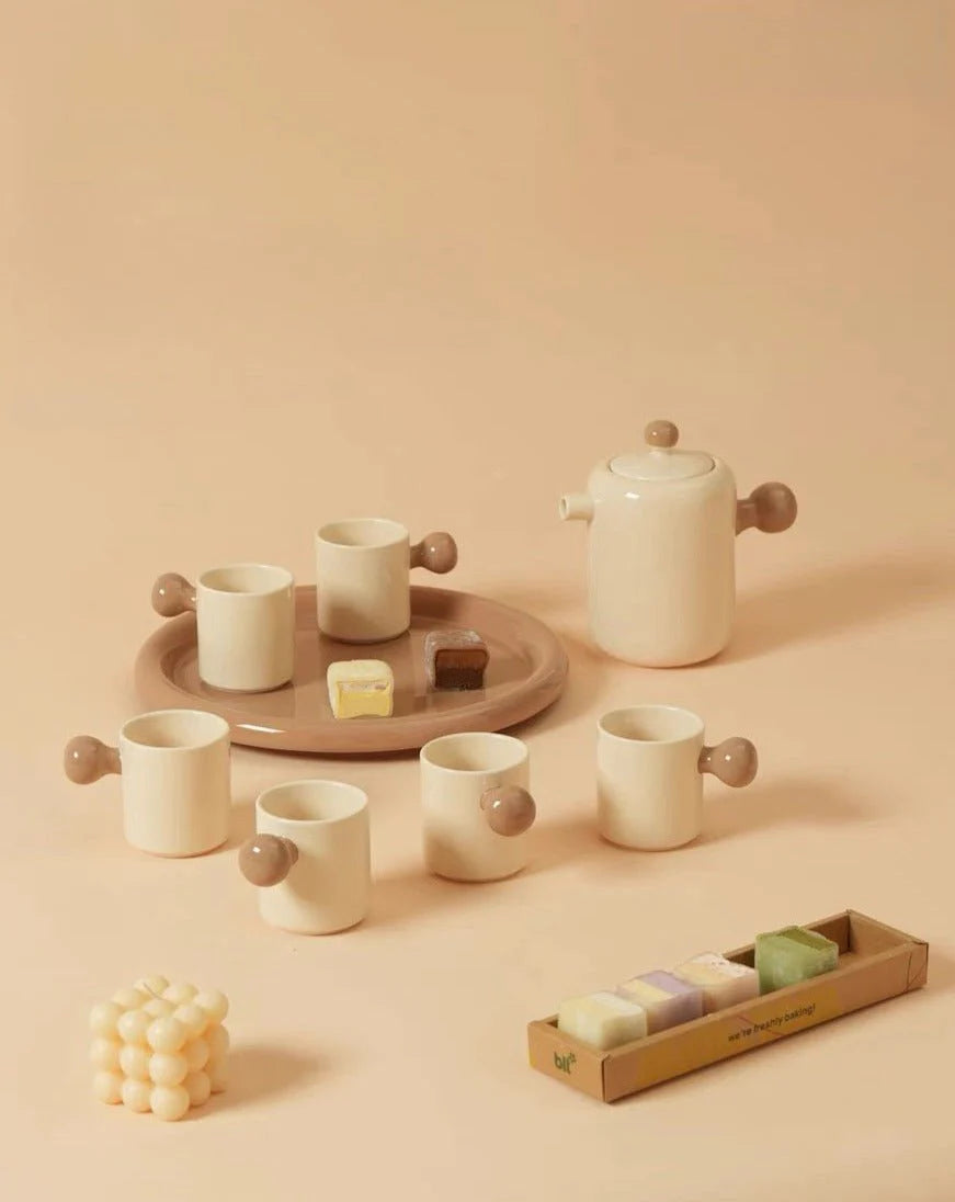 Cute Whimsical Dopamine Bauhaus Tea Pot & Tea Cups Set of 8 Pcs - Handmade Ceramic Teaset Gift Box
