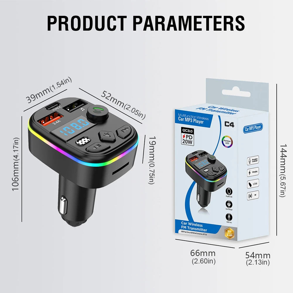 Wireless Car Kit with Bluetooth 5.3, MP3 Player, TF Card and U Disk Support, Cell Phone Charger, and FM Transmitter