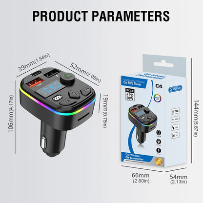 Wireless Car Kit with Bluetooth 5.3, MP3 Player, TF Card and U Disk Support, Cell Phone Charger, and FM Transmitter