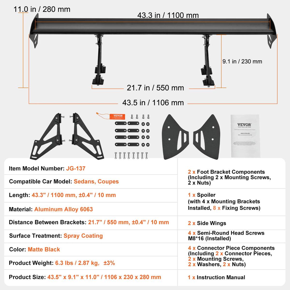 Succebuy 43.3-Inch Universal GT Wing Car Spoiler - Adjustable Lightweight Aluminum Rear Spoiler Wing