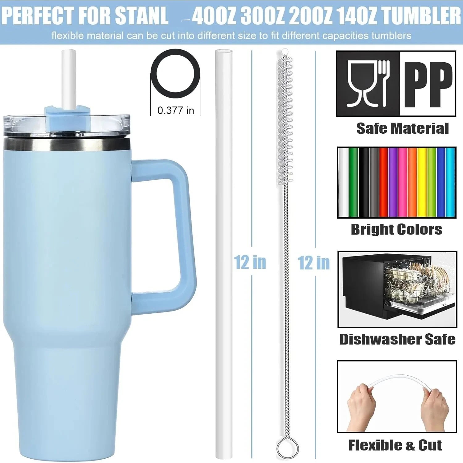 Set of 12 Long Color Replacement Straws for 40 Oz and 30 Oz Tumblers