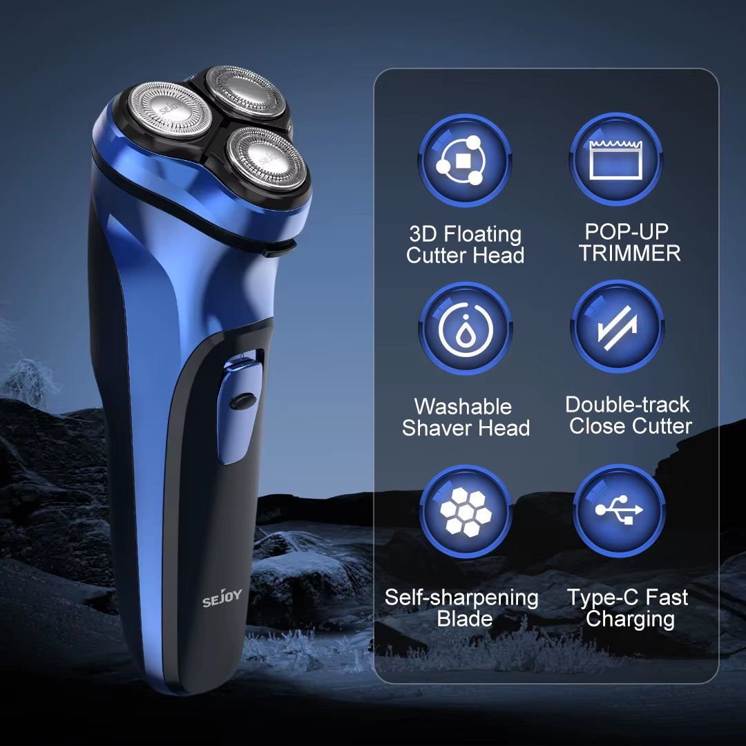 Cordless Electric Razor for Men with Pop-Up Trimmer, Wet/Dry Rotary Shaver, Ideal for Travel, USB Fast Charging