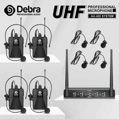 Pro UHF 4 Channels Wireless Microphone System with 4 Bodypack Lavalier Headset Portable Mic for Karaoke Church Party