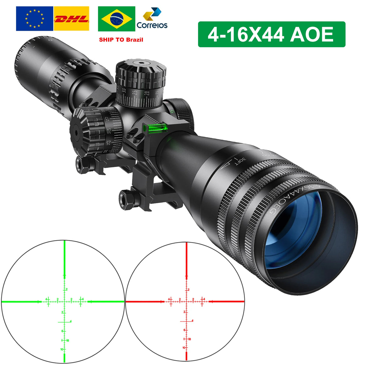 Tactical 4-16X44 AOE Hunting Scope with Red and Green Illuminated Reticle for Airsoft and Firearm Applications