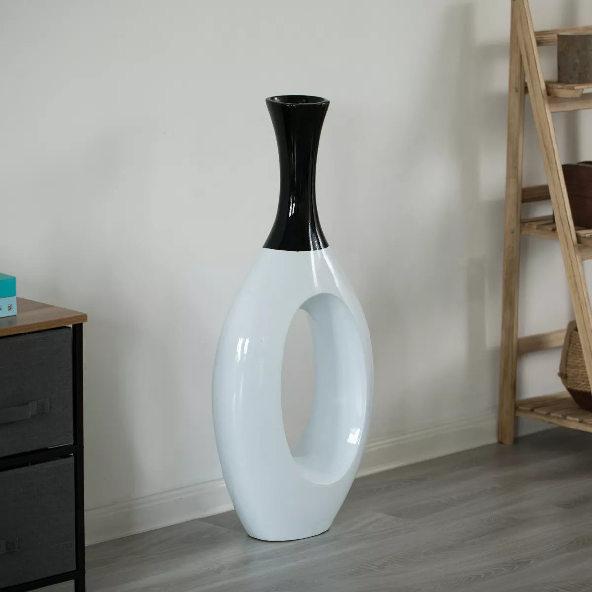 Decorative 36-Inch White Ceramic Floor Vase with Black Neck for Modern Home Decor in Living Room, Entryway, and Dining Room