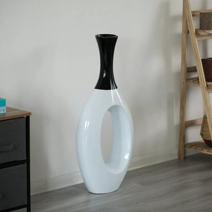 Decorative 36-Inch White Ceramic Floor Vase with Black Neck for Modern Home Decor in Living Room, Entryway, and Dining Room