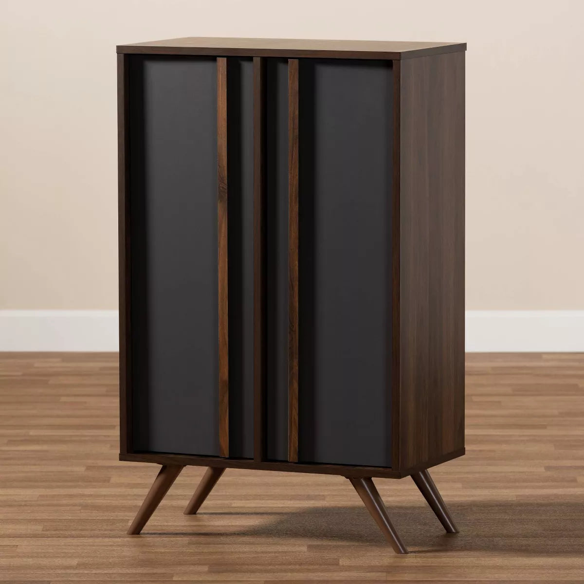 2 Door Naoki Two-Tone Wood Shoe Cabinet Gray/Walnut - Storage for Entryway, Holds 15 Pairs