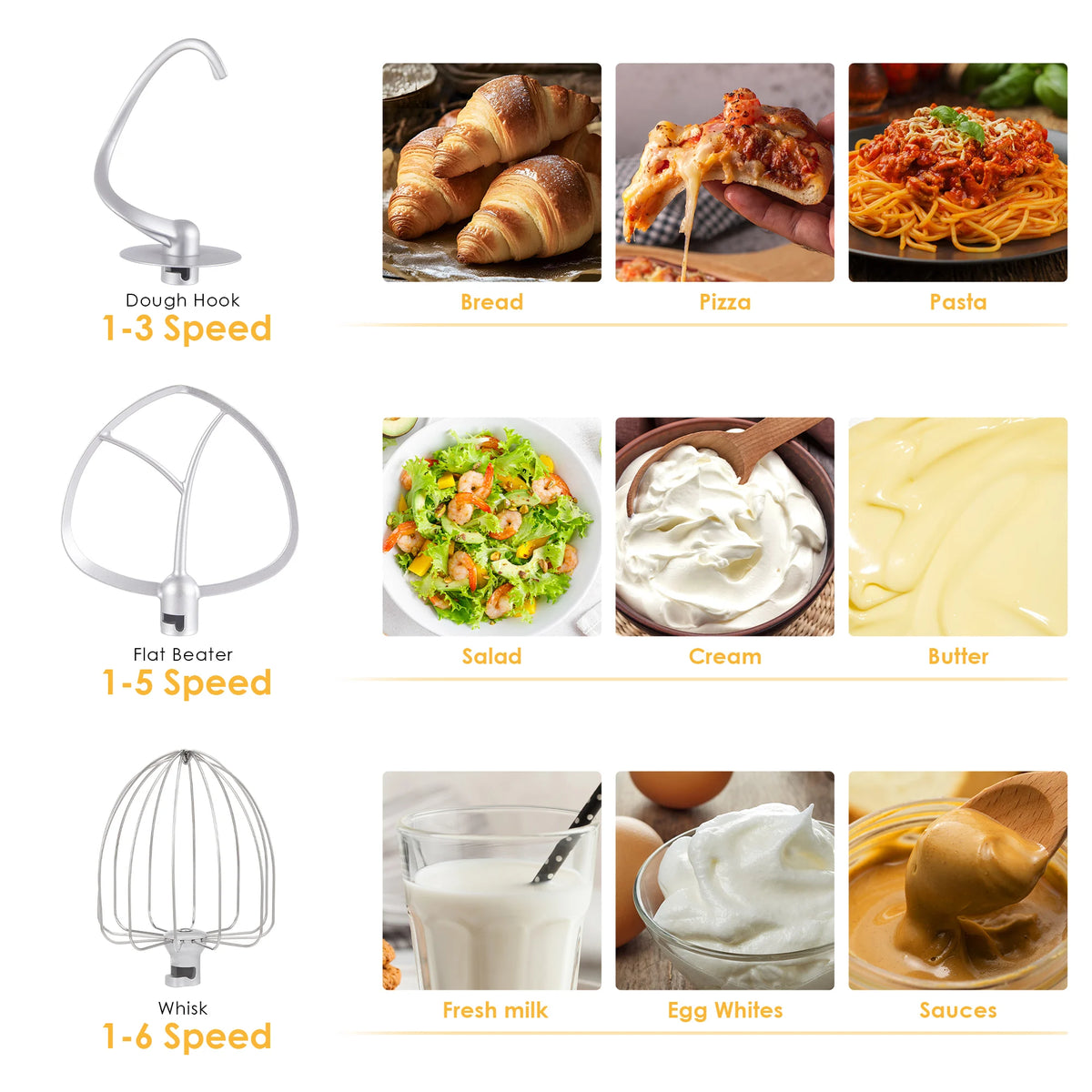 Biolomix Professional Kitchen Stand Mixer with Quiet Motor, 6-Speed Settings, 1200W Power, 6L Capacity, and Cream Egg Whisk Attachment