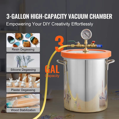3 Gal Upgraded Tempered Glass Lid Vacuum Degassing Chamber 304 Stainless Steel for Stabilizing Wood, Resin Degassing