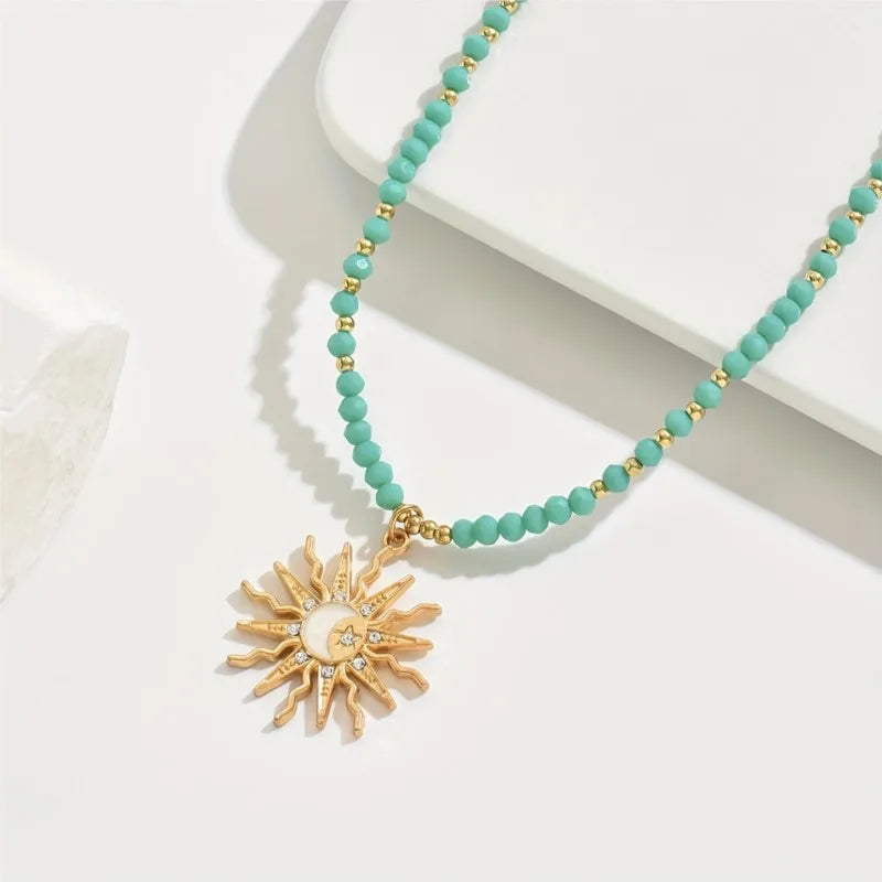 Vintage Golden-Toned Sun Pendant Necklace for Women Elegant Turquoise Beads Chain Choker Neck Statement Party Jewelry Gifts