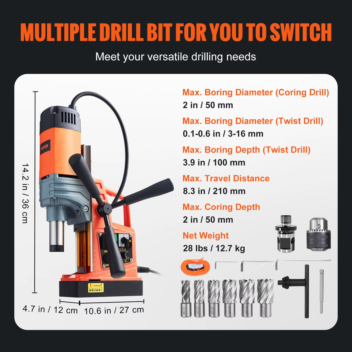Succebuy 1300/1550W Portable Electric Magnetic Drill Press with Variable Speed 0-500 RPM for Metal Surfaces