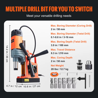 Succebuy 1300/1550W Portable Electric Magnetic Drill Press with Variable Speed 0-500 RPM for Metal Surfaces