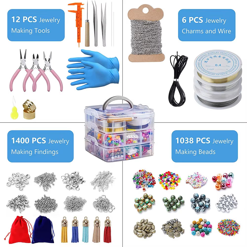 Deluxe 2456-Piece DIY Bead Jewelry Making Kit - Comprehensive Beads, Findings, and Accessories for Crafting Unique Bracelets and Necklaces