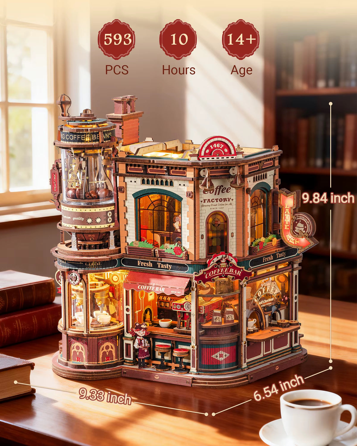 ROKR Wooden 3D Puzzle Dream Coffee Factory Music Box Model Kit - 593-Piece DIY Miniature House with LED Light - Unique Home Decor Gift for Adults and Women