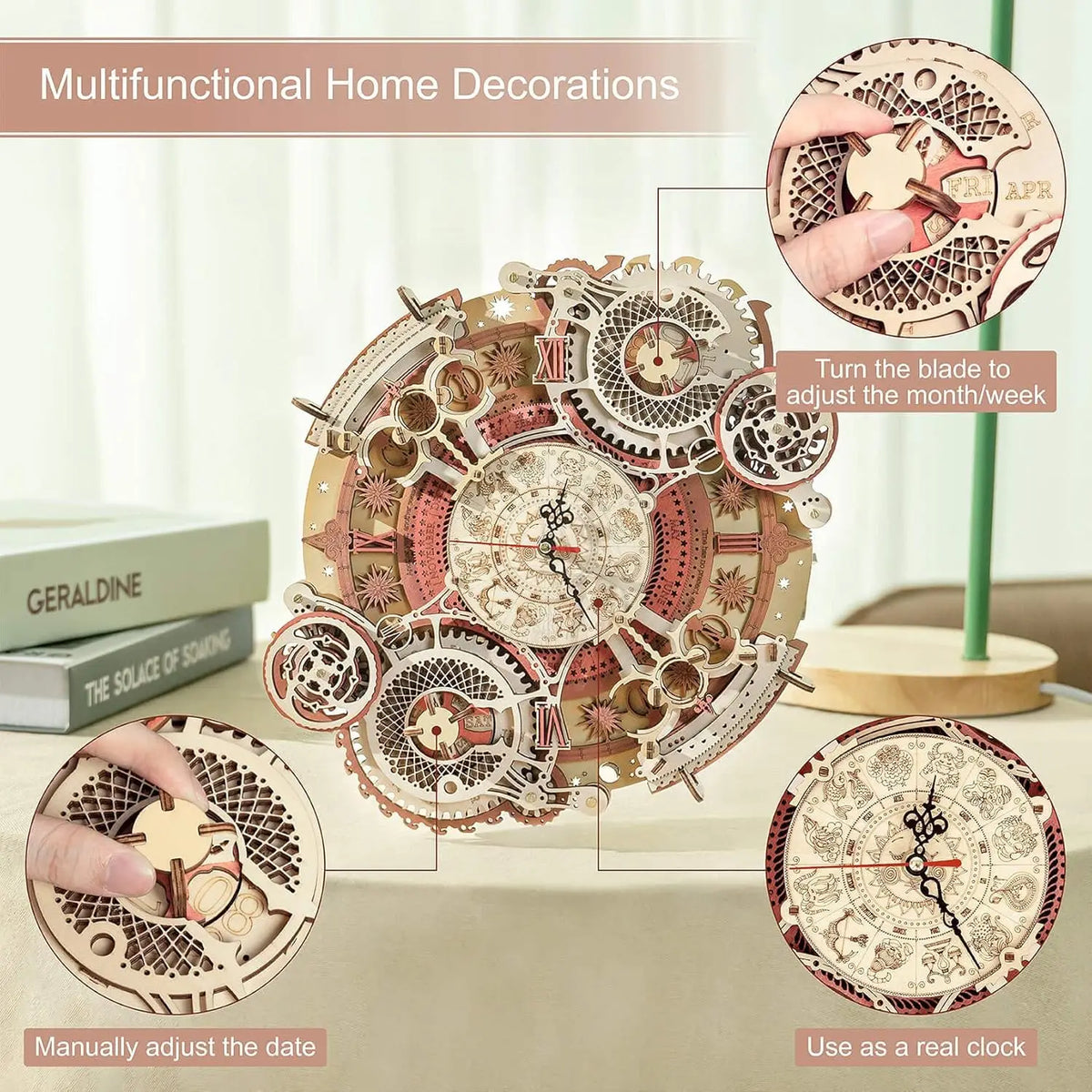 Robotime 3D Wooden Puzzle Wall Clock - Mechanical Building Kit for Children, Ideal Christmas Gift