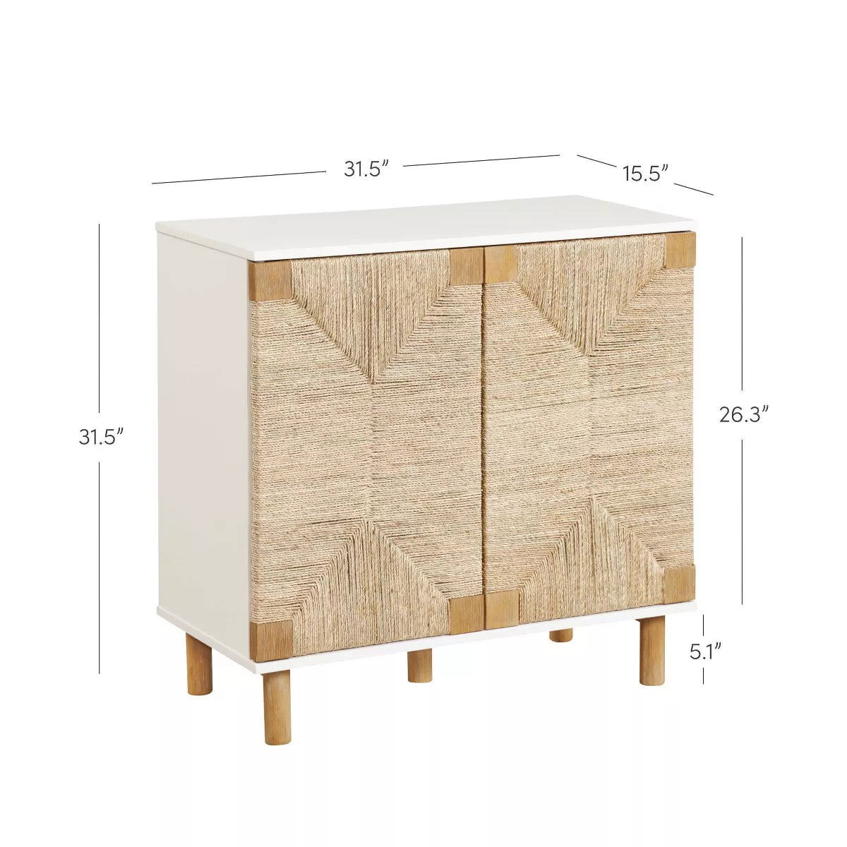  Wood and Seagrass Storage Cabinet in White with Veneer Surface and Fixed Shelf - Adult Assembly Required